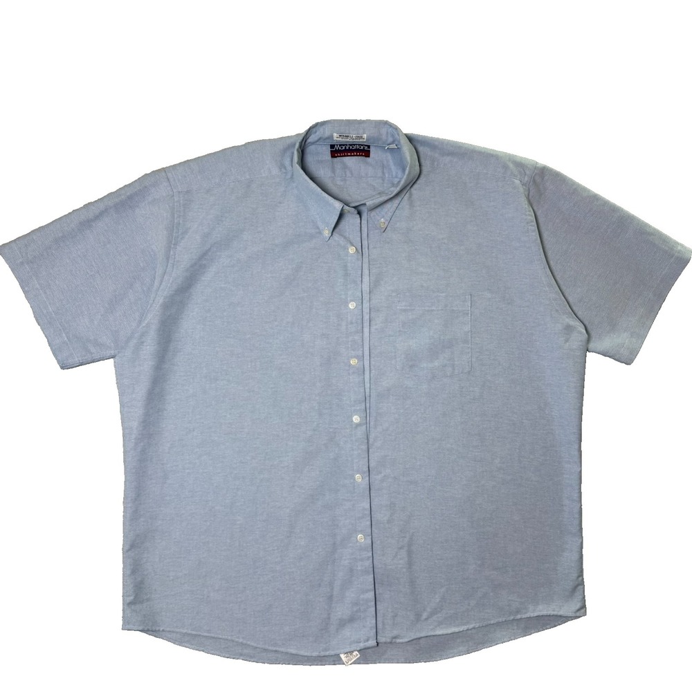 Oxford Shirt Mens Button Down XXL 18.5 Blue‎ Half Sleeve Manhattan Shirtmakers